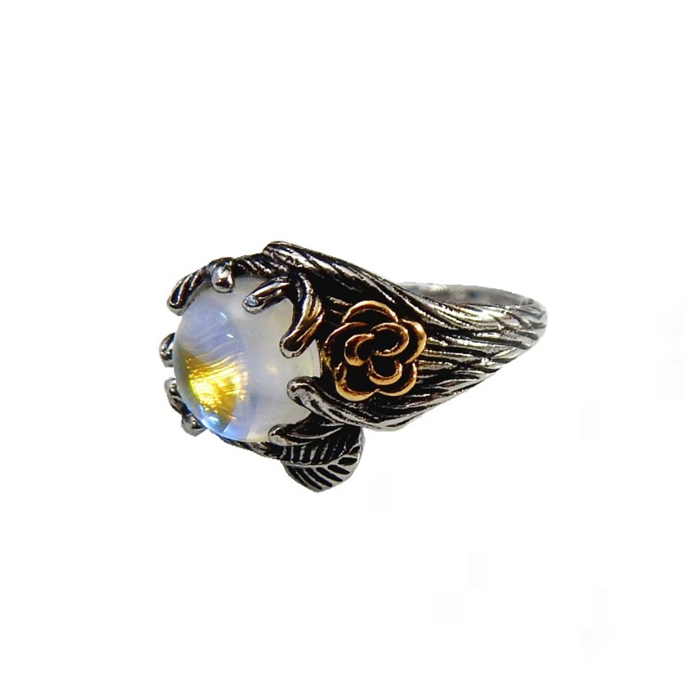 Silver Elven Moonstone Ivy Opalite Ring Size 8